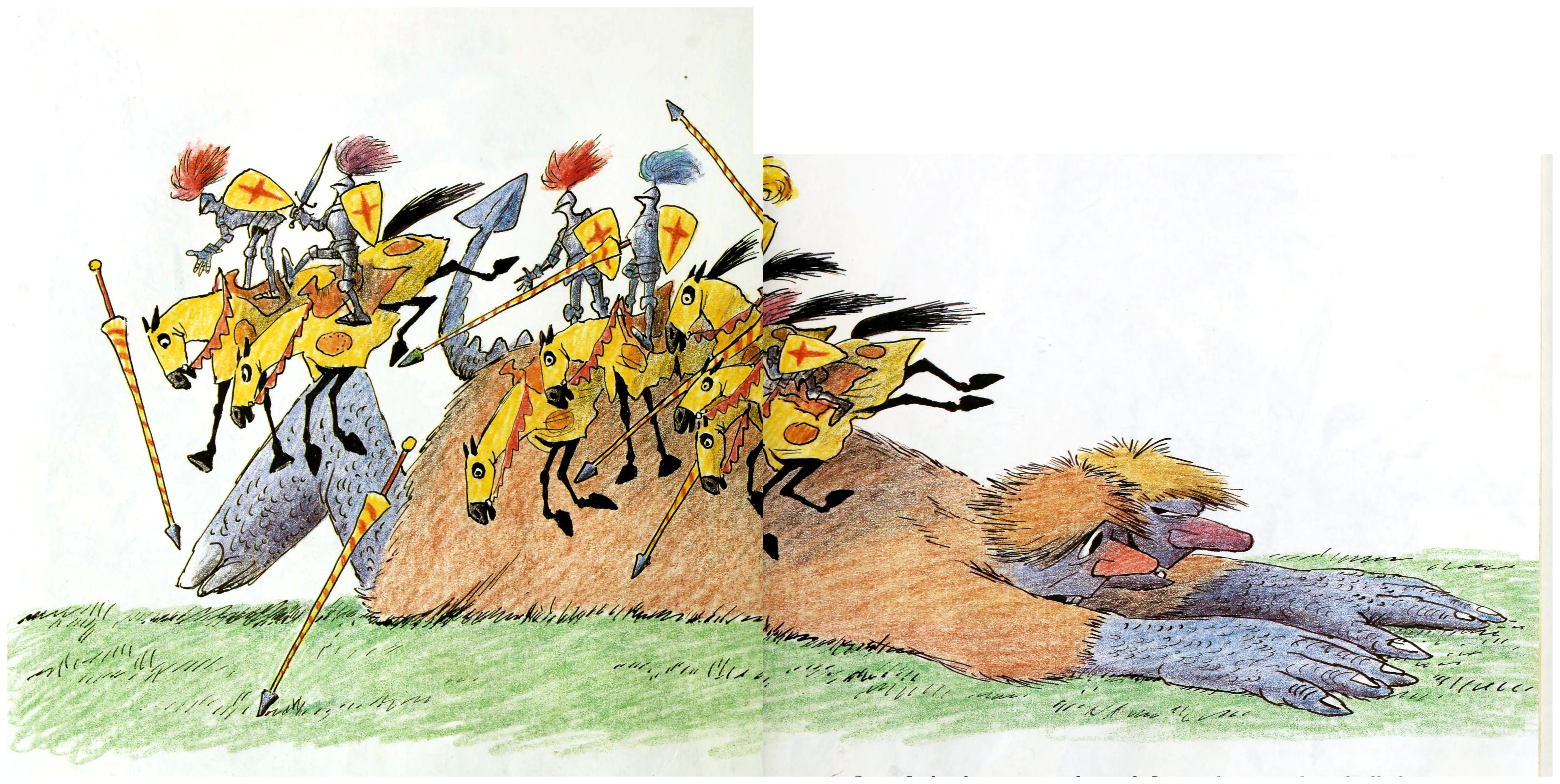 The knights and horses tumble in a heap over the flattened troll