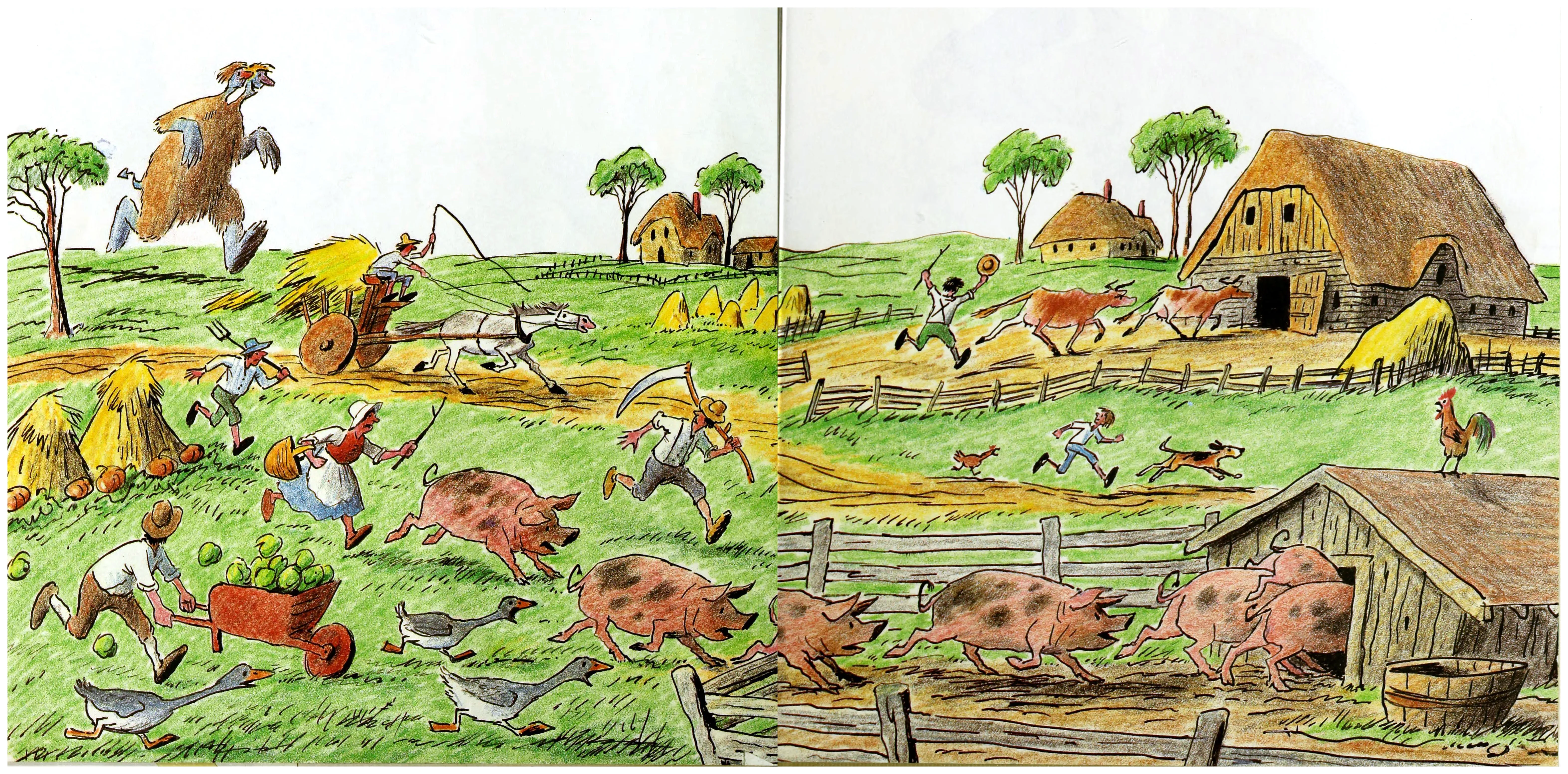 The troll sends the farmers and animals fleeing across the fields