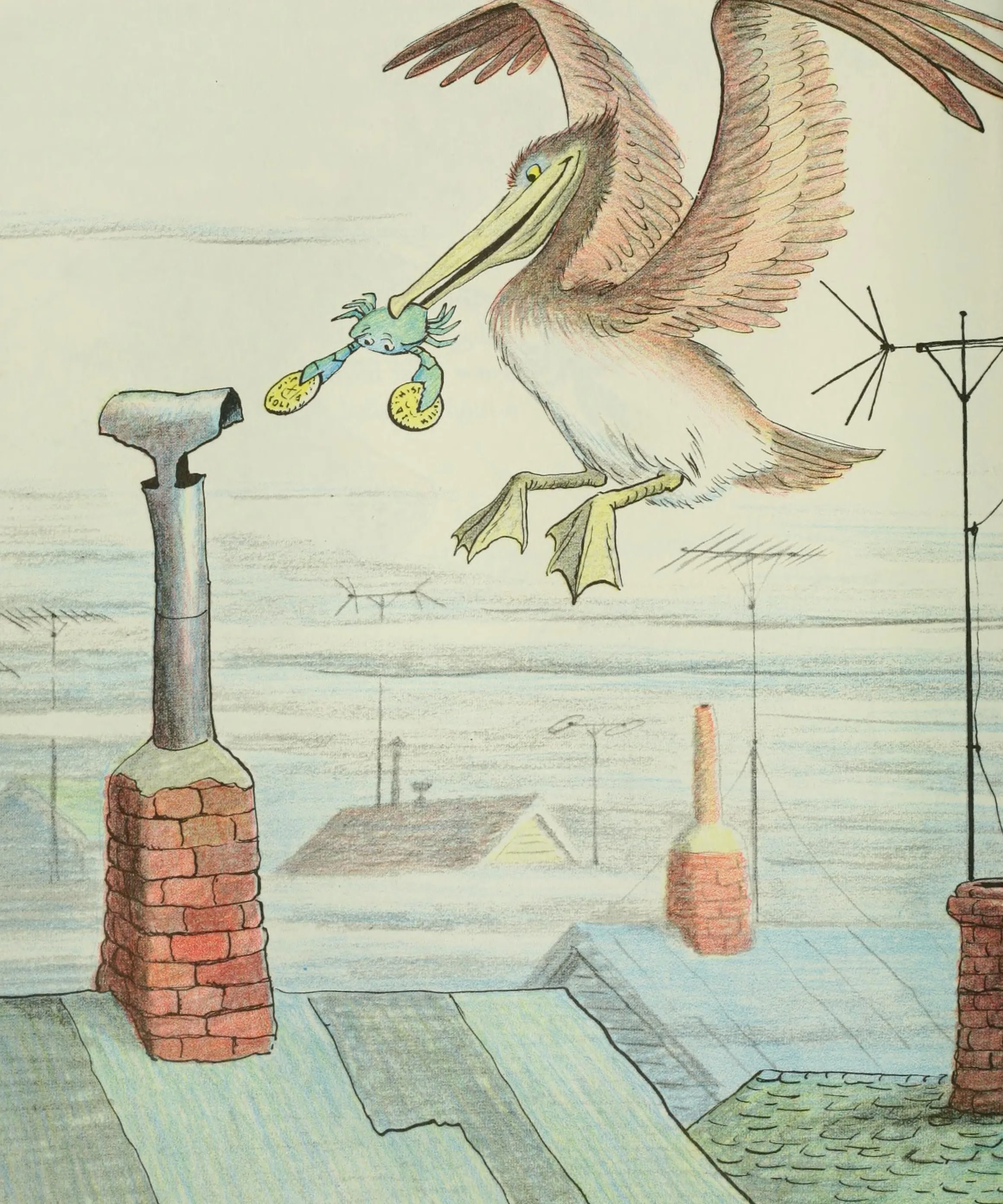 The pelican carries Kermit off over the rooftops