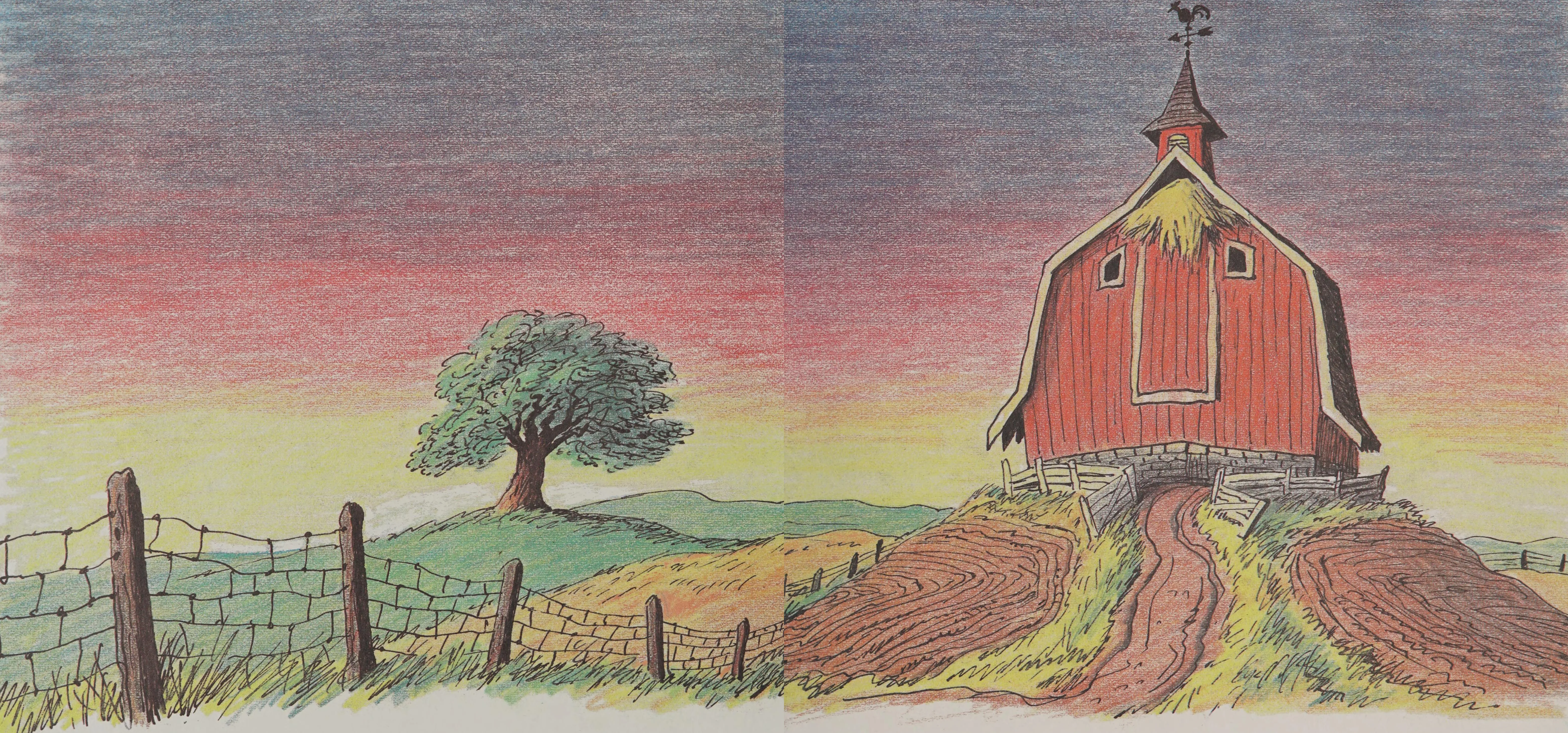 The lonely red barn stands on its hill at sunset