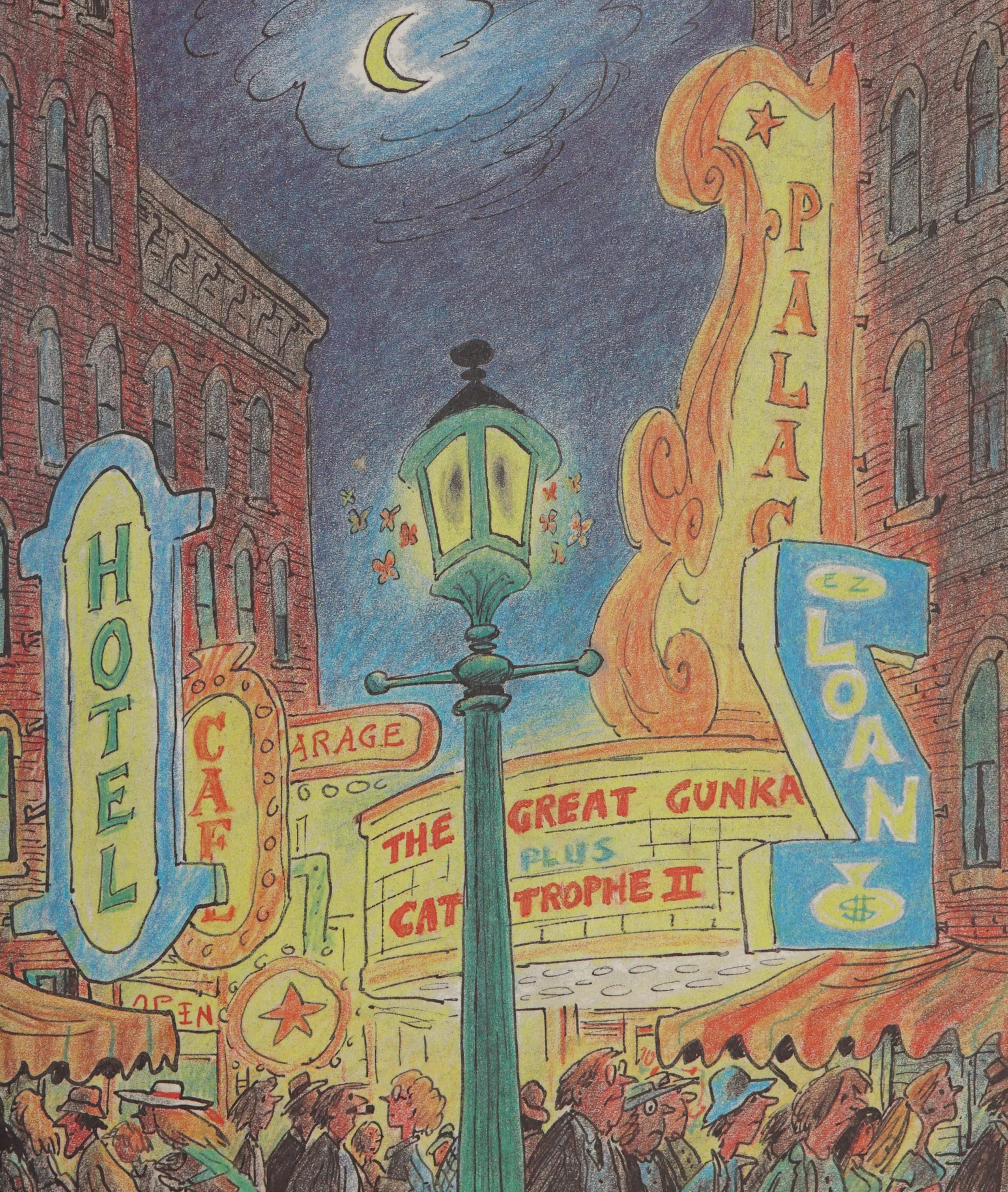 The street lamp glows on the busy theater street at night