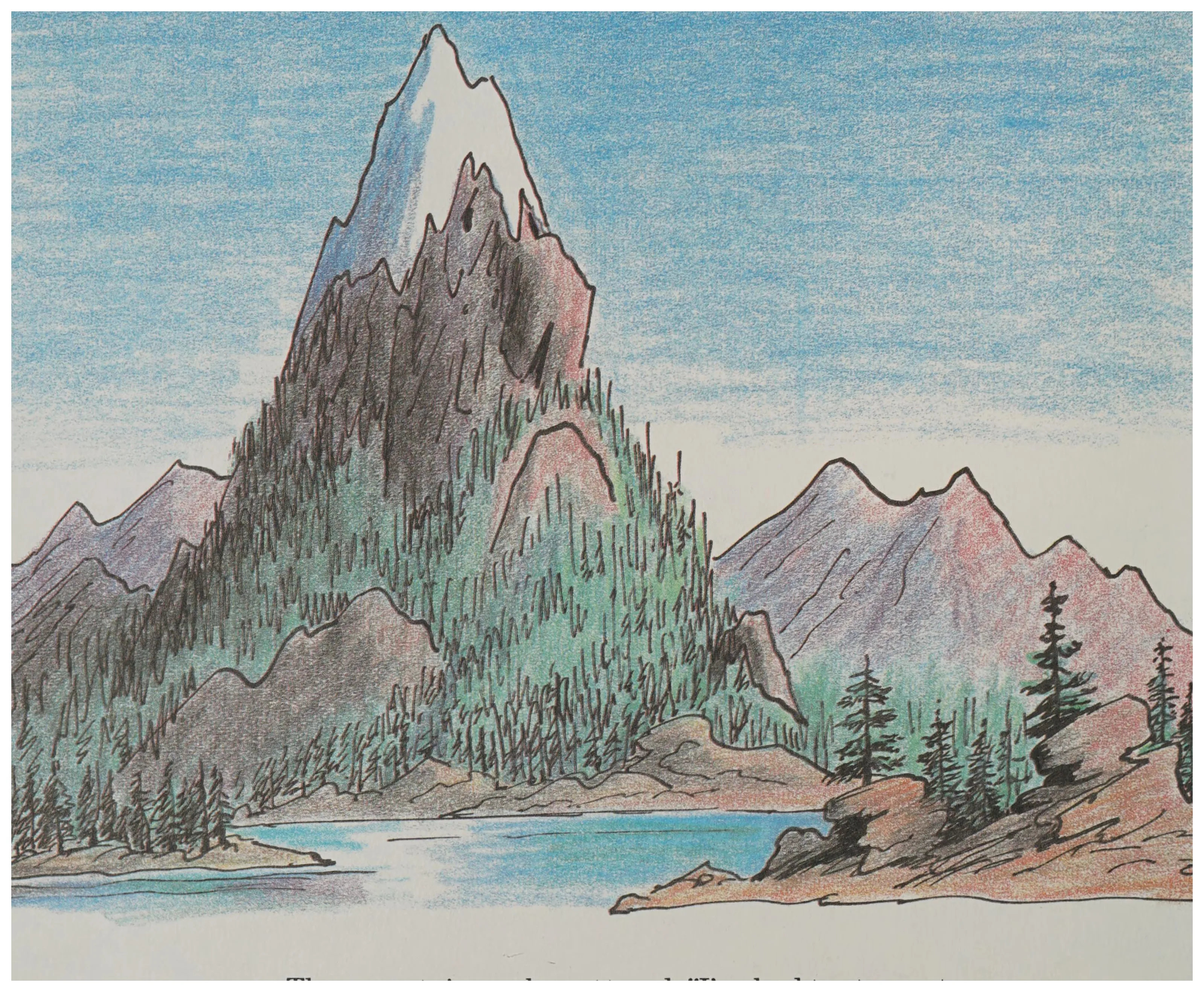 The weary mountain peak rises above the valley lake