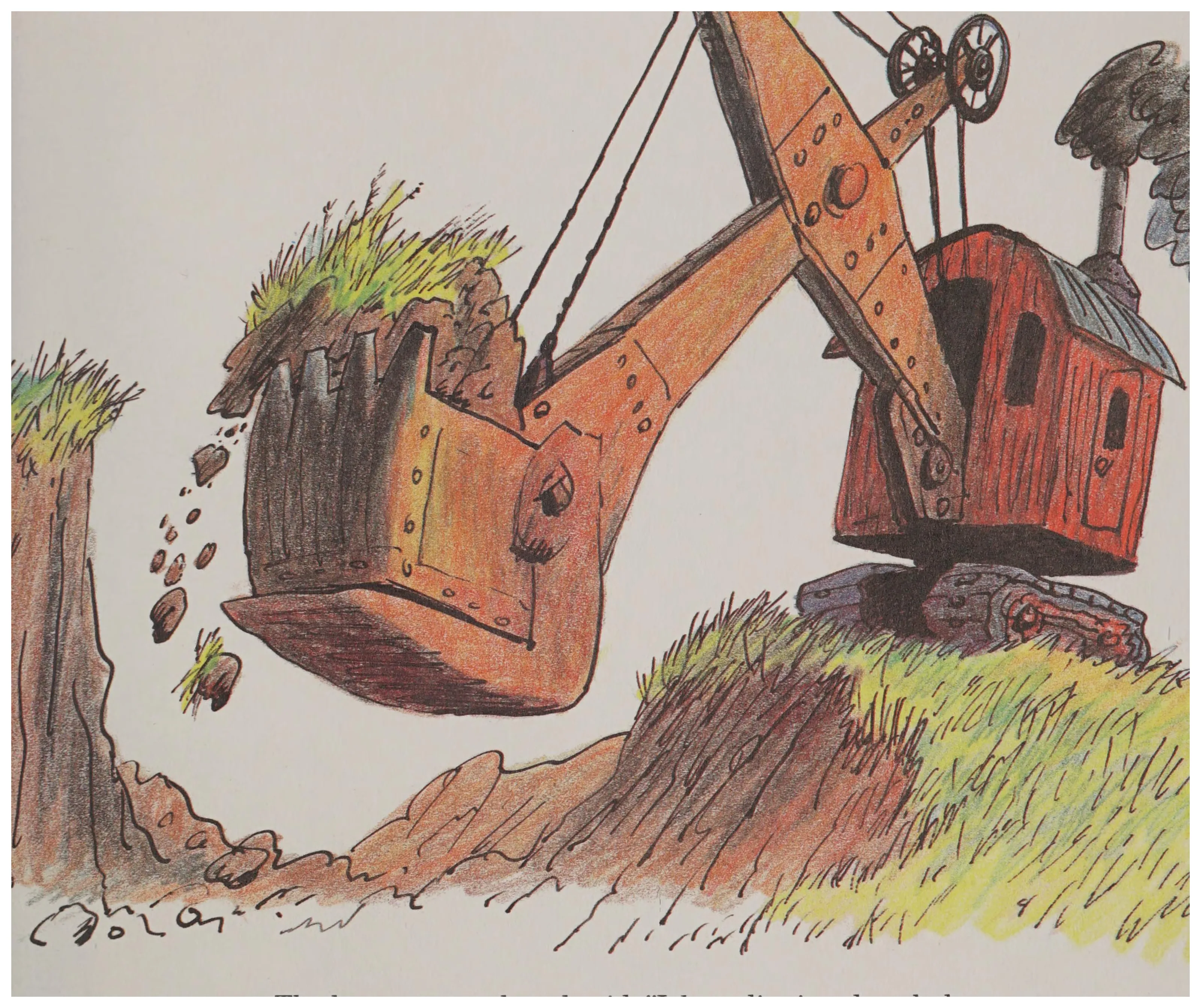 The old steam shovel toils at digging in the hillside