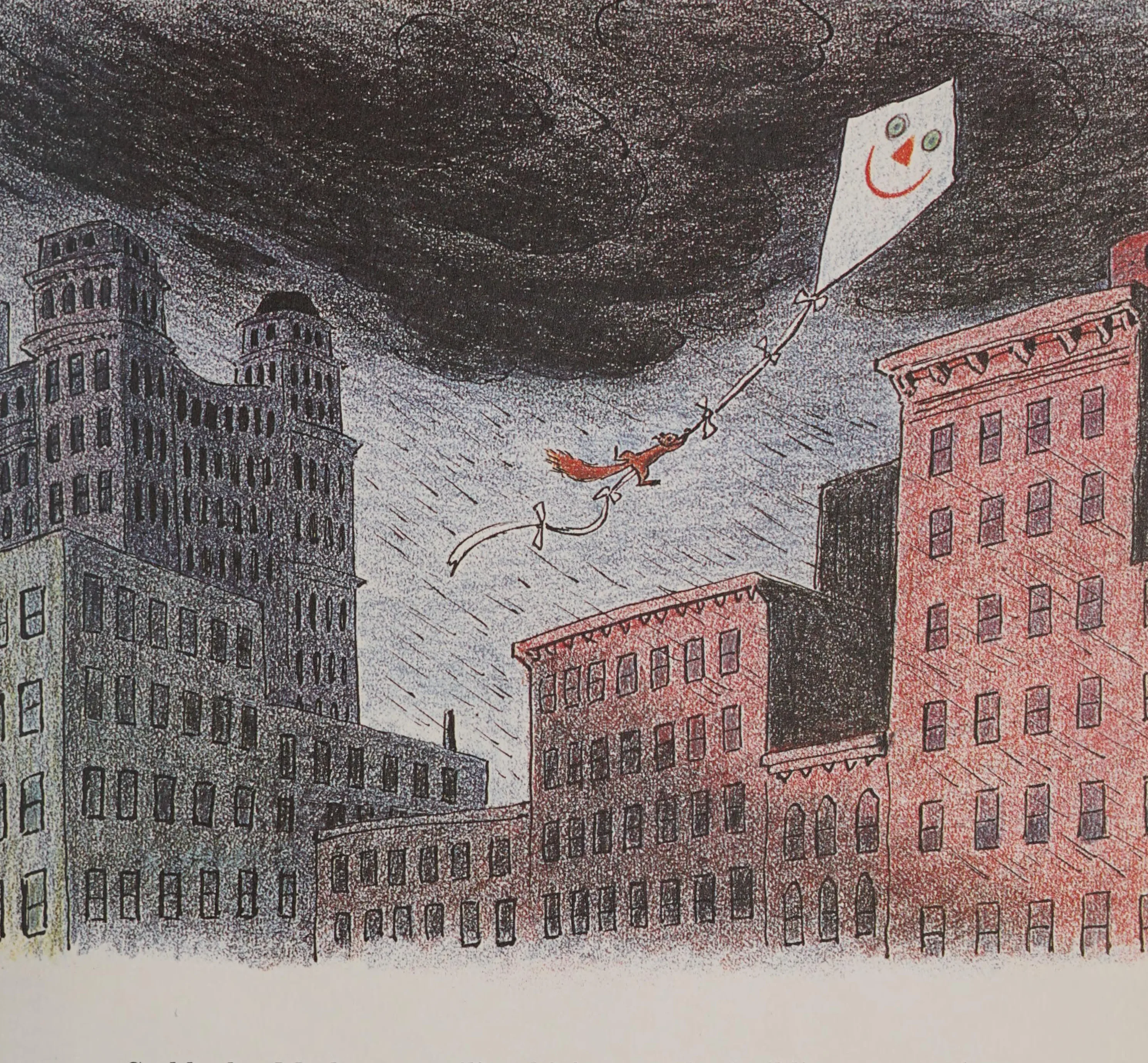 Merle sails over the buildings on the runaway kite