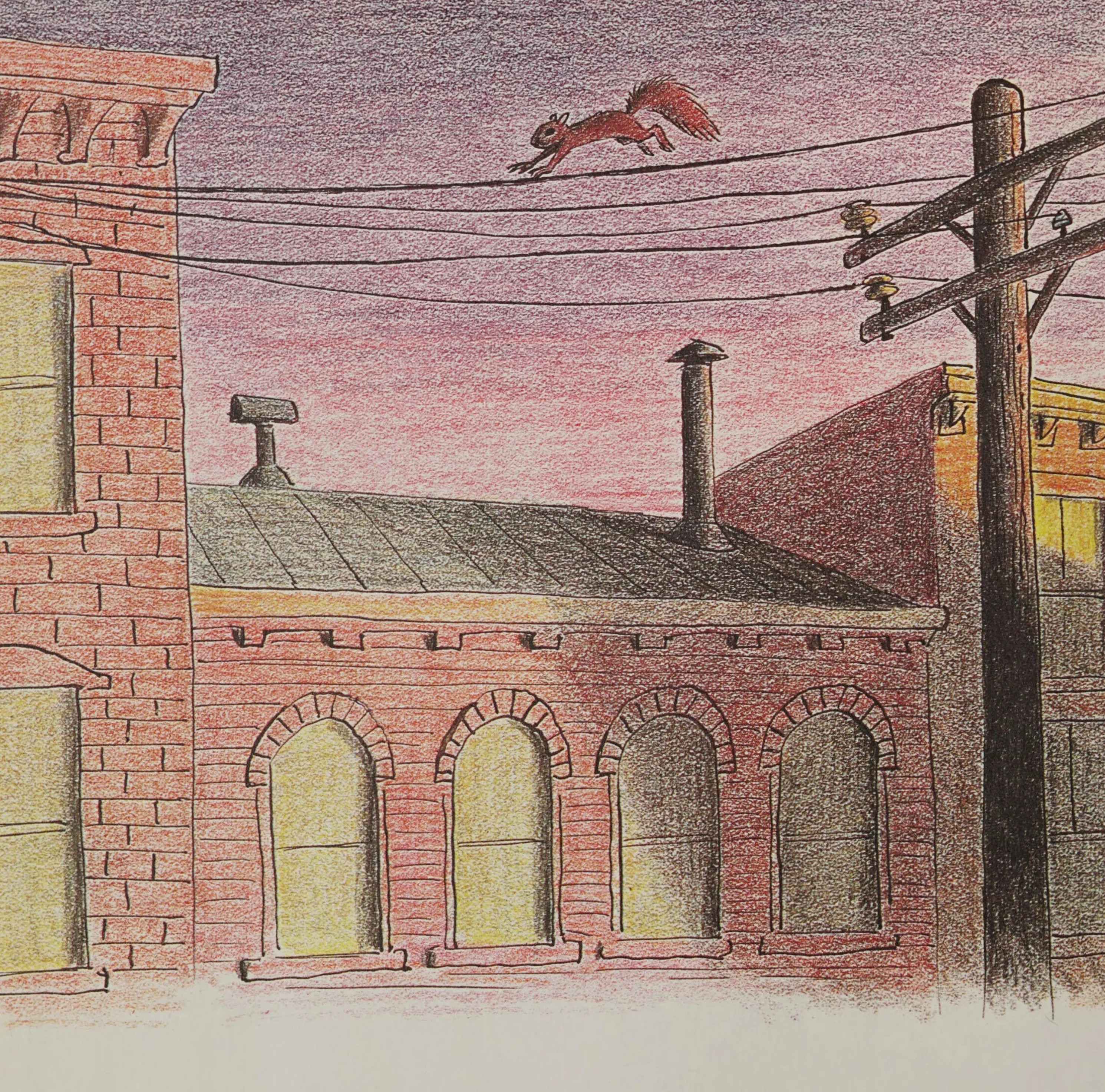 Merle crosses the rooftops and wires at dusk