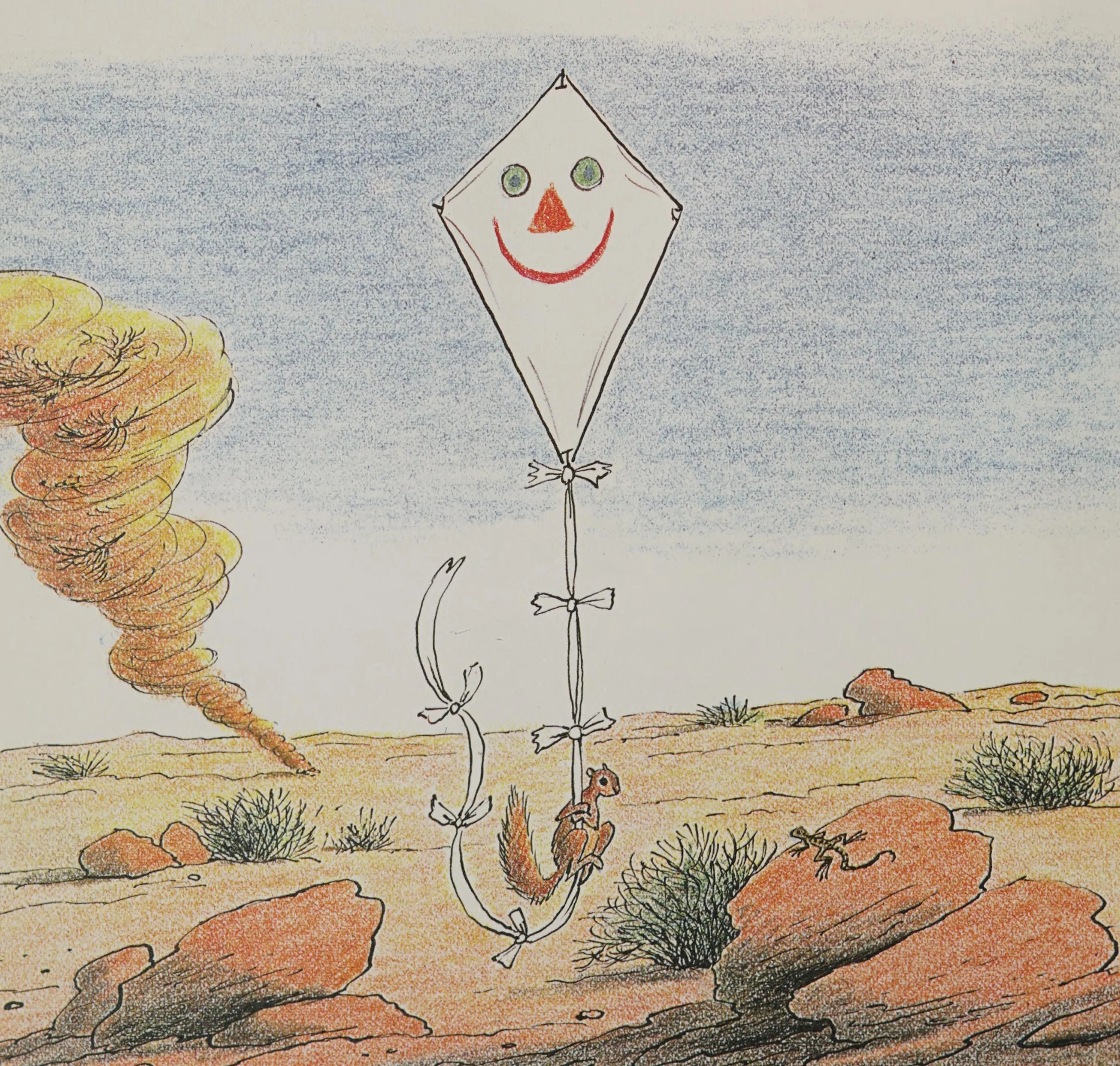 The kite drifts down into a barren wasteland