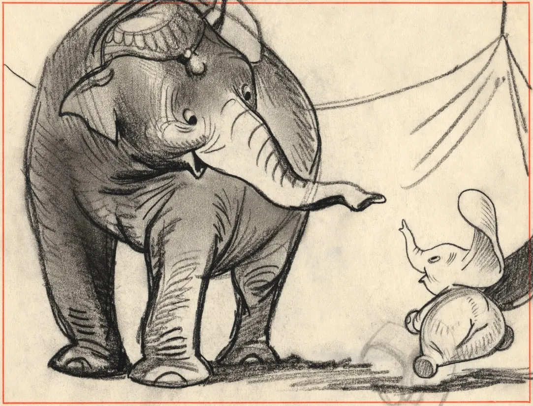 Story sketch of Mrs. Jumbo in her circus headdress extending her trunk toward her tumbling baby Dumbo