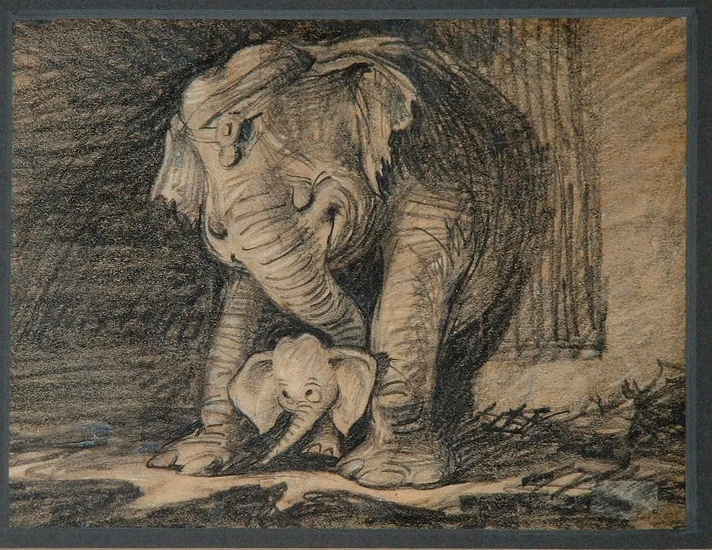 Tonal charcoal story sketch of Mrs. Jumbo standing protectively over baby Dumbo in shadow
