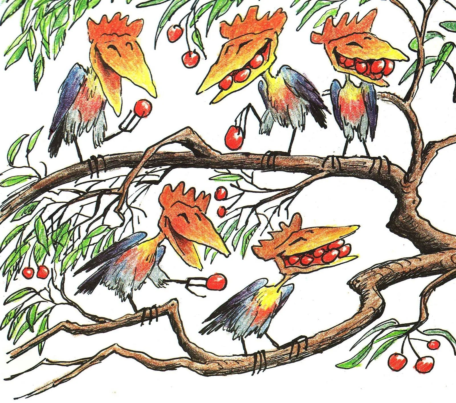 Cherry-loving birds with pit-stone teeth feast in the orchard