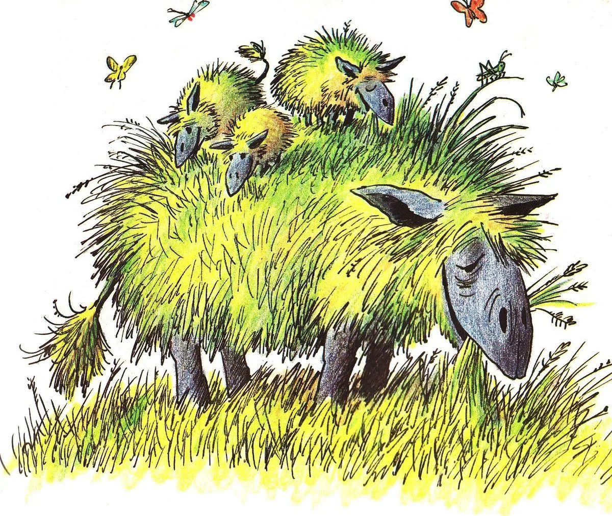 Shaggy grass-coated beasts grazing in the meadow