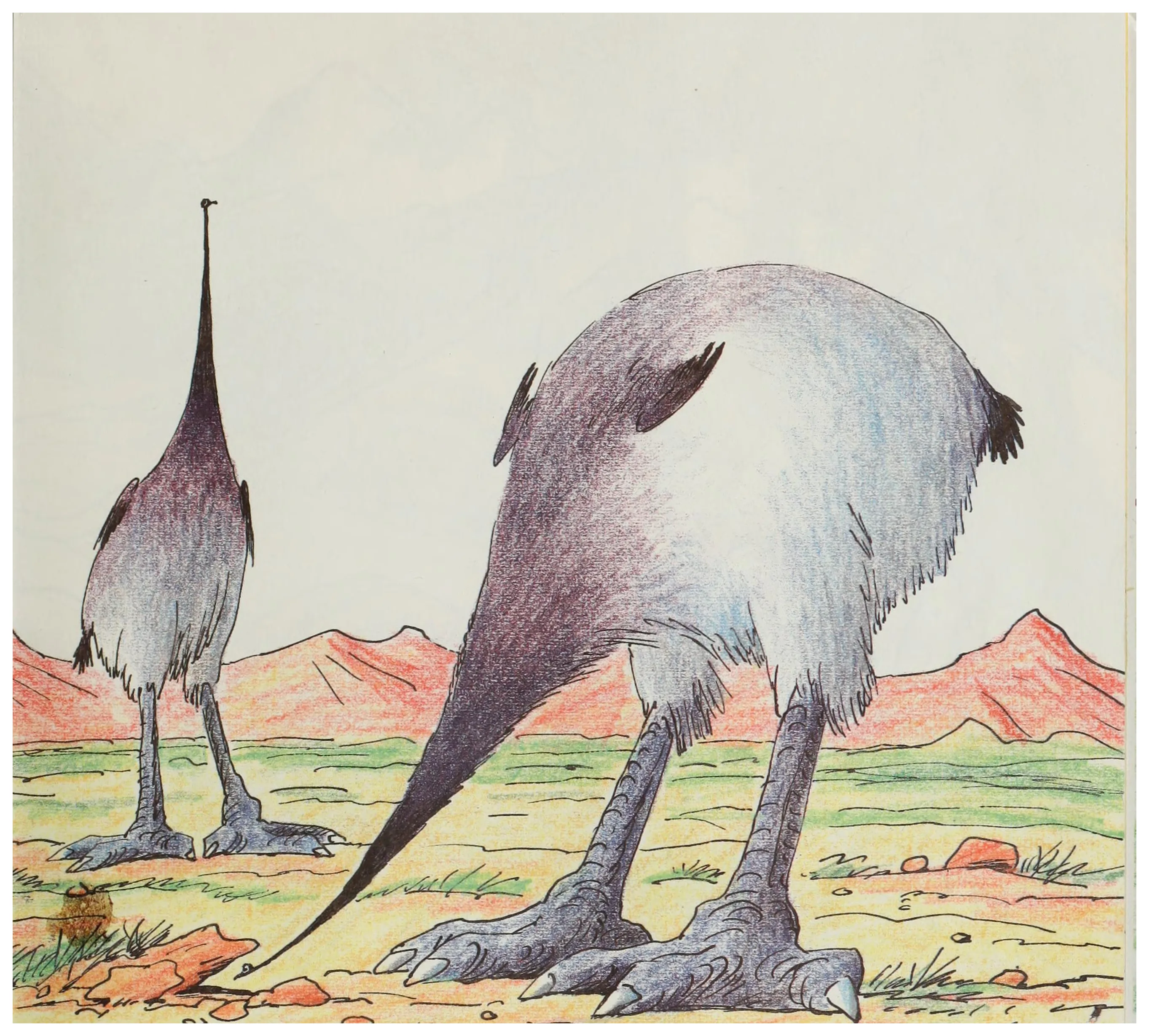 A long-necked creature pecks the ground for bugs