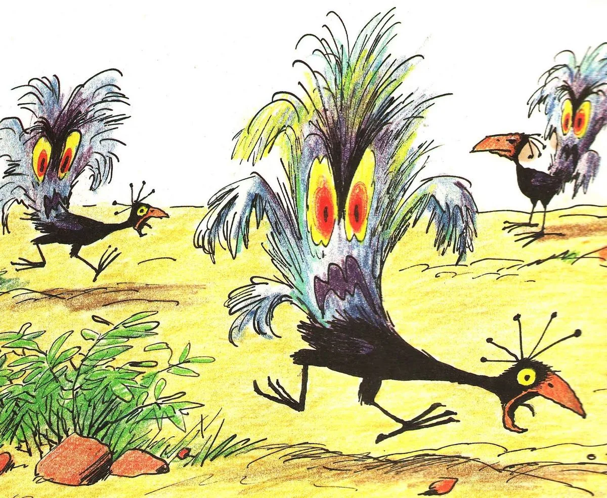 A flock of shrieking, ragged-feathered creatures