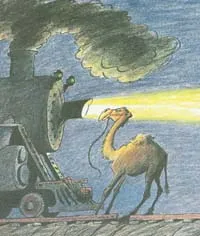 An illustration of Pamela the circus camel beside a railway, from Pamela Camel