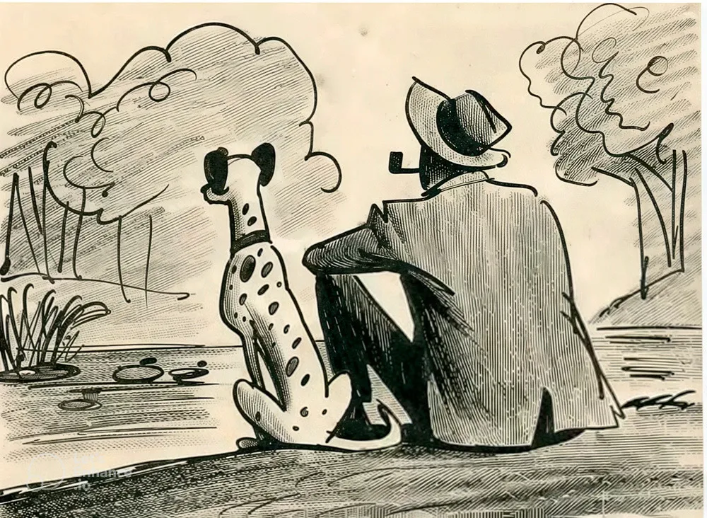 Story sketch of Pongo the dalmatian and his owner Roger, by Bill Peet for One Hundred and One Dalmatians, c.1960