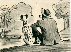 Story sketch of Pongo the dalmatian and his owner Roger, by Bill Peet for One Hundred and One Dalmatians, c.1960