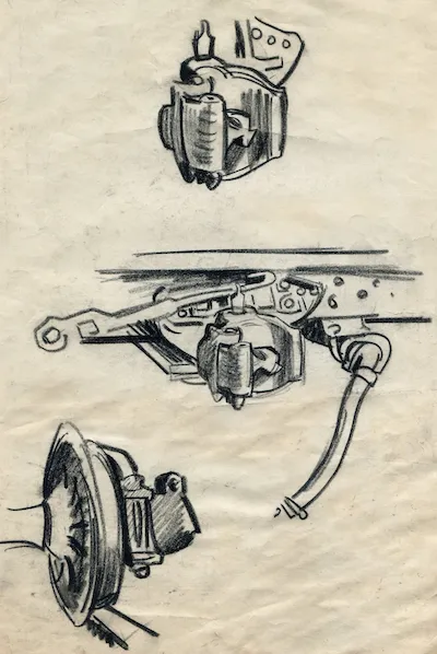A sketch of a railroad coupling by Bill Peet