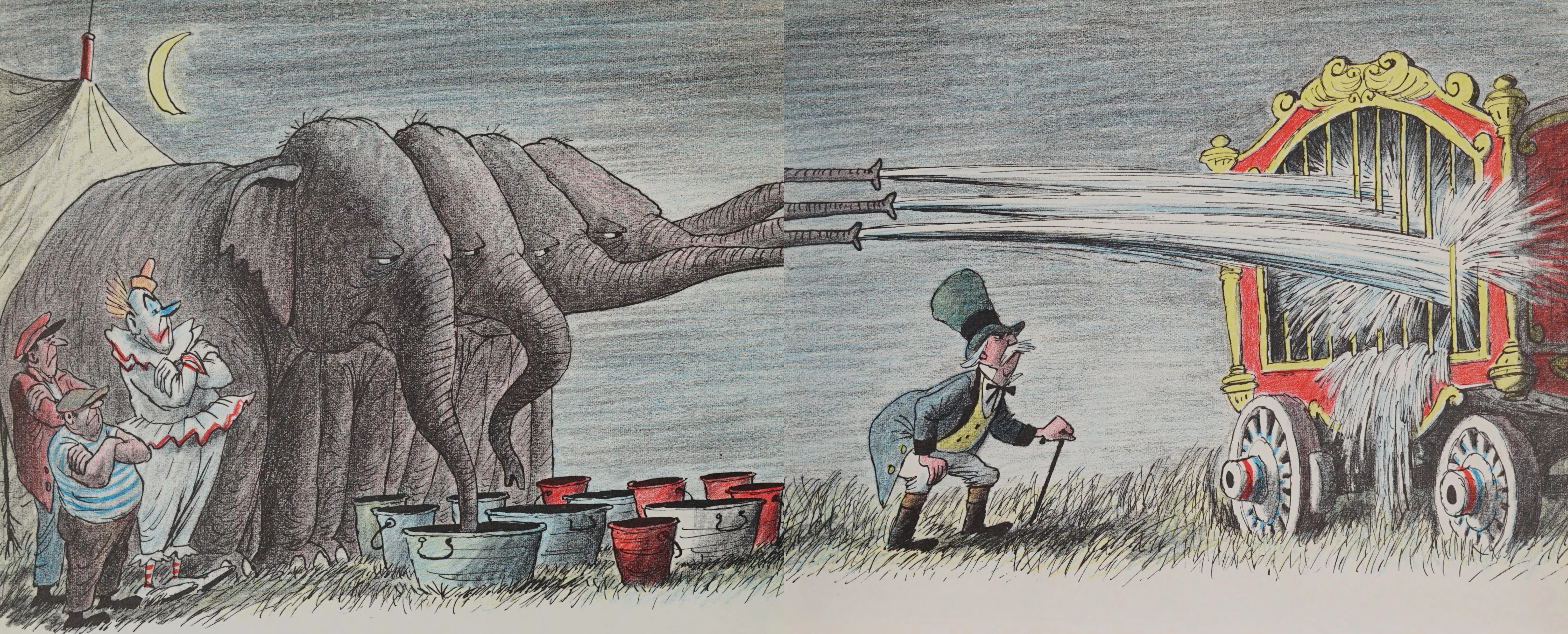 The elephants douse the lions' cage with water