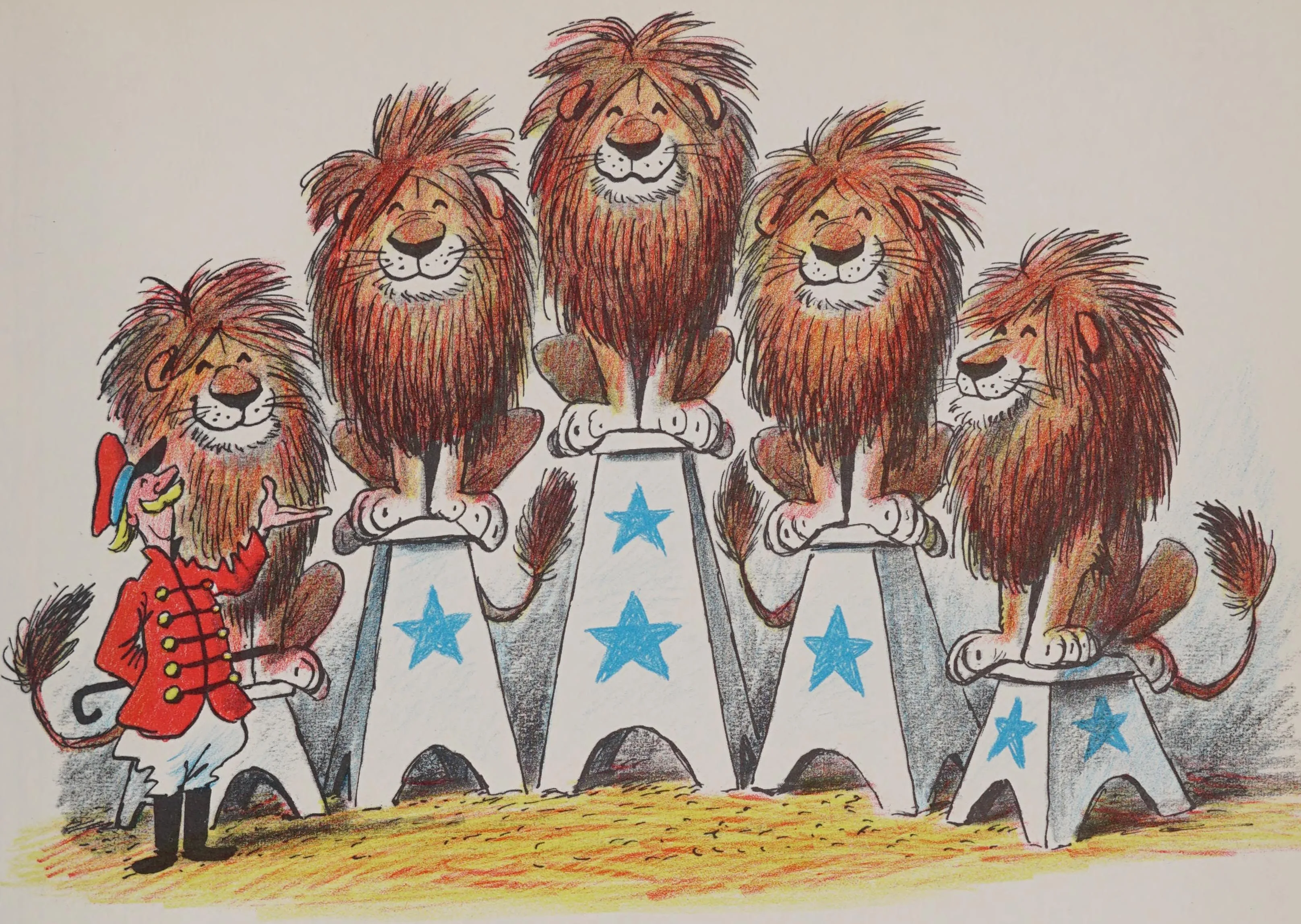 Randy and his five dandy lions on their pedestals