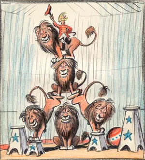 An early illustration of the timid circus lions from Randy's Dandy Lions, by Bill Peet