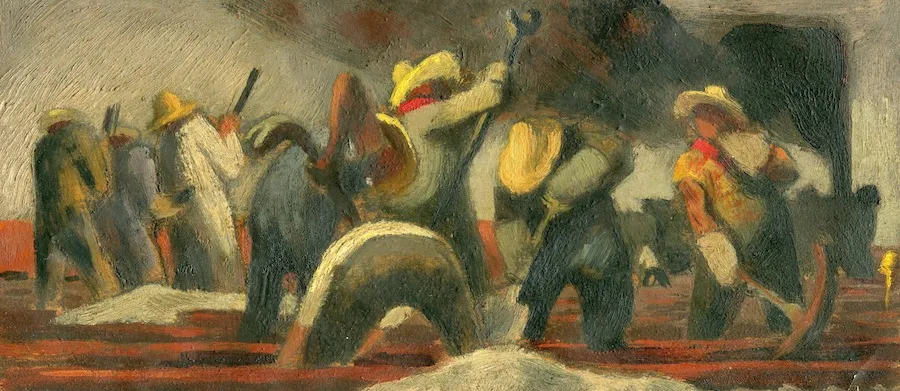 Workers in the railroad yard: color sketch for an oil painting