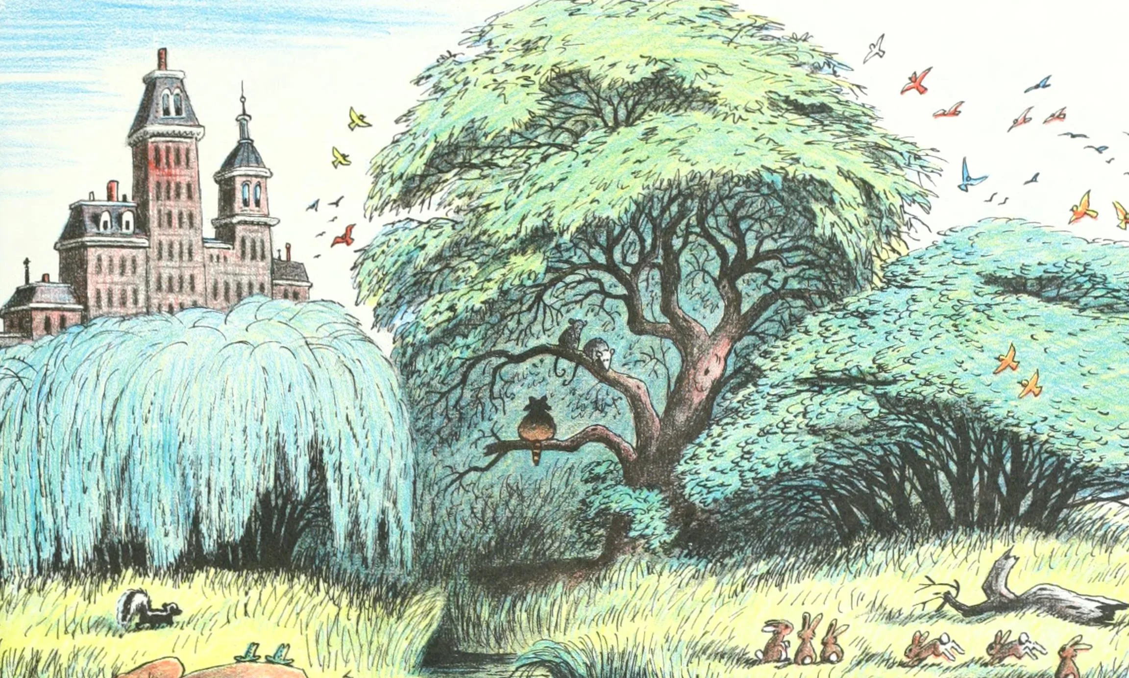The peaceful glade of willows and cottonwoods below the distant city