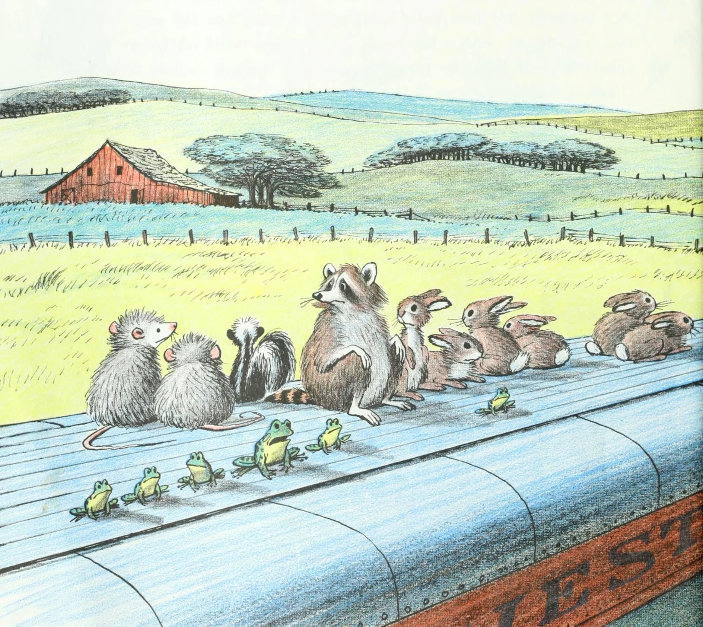 The animals ride on past rolling farmland and a red barn
