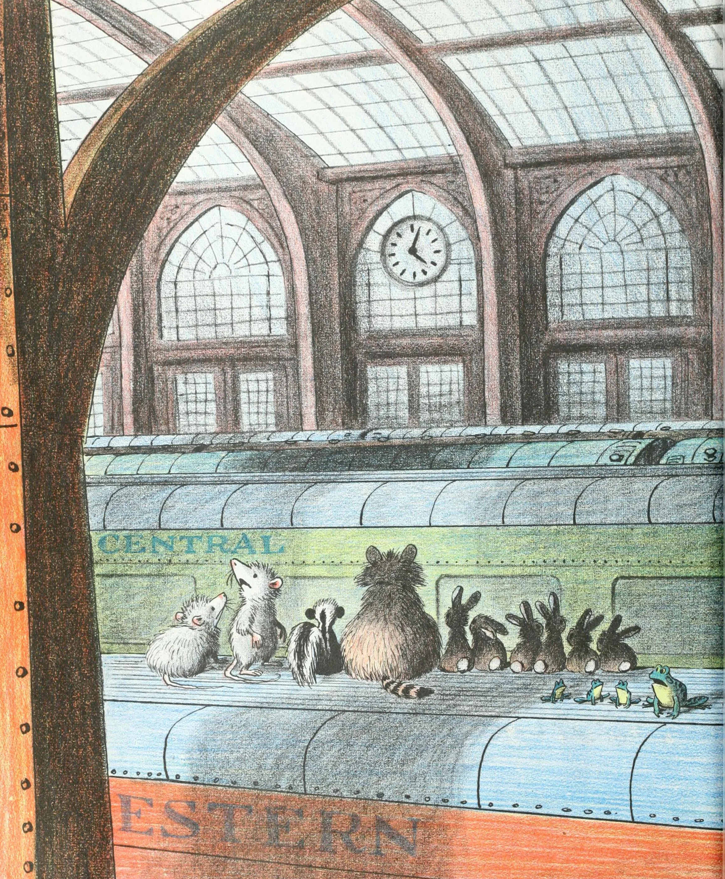 The train rolls through a great railroad station