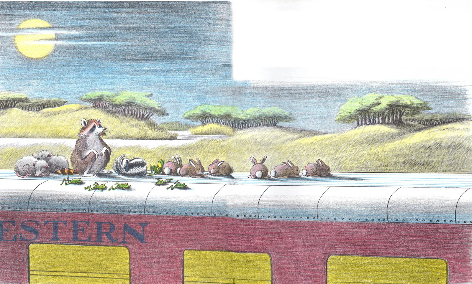 The animals ride atop a railroad car to find a new home