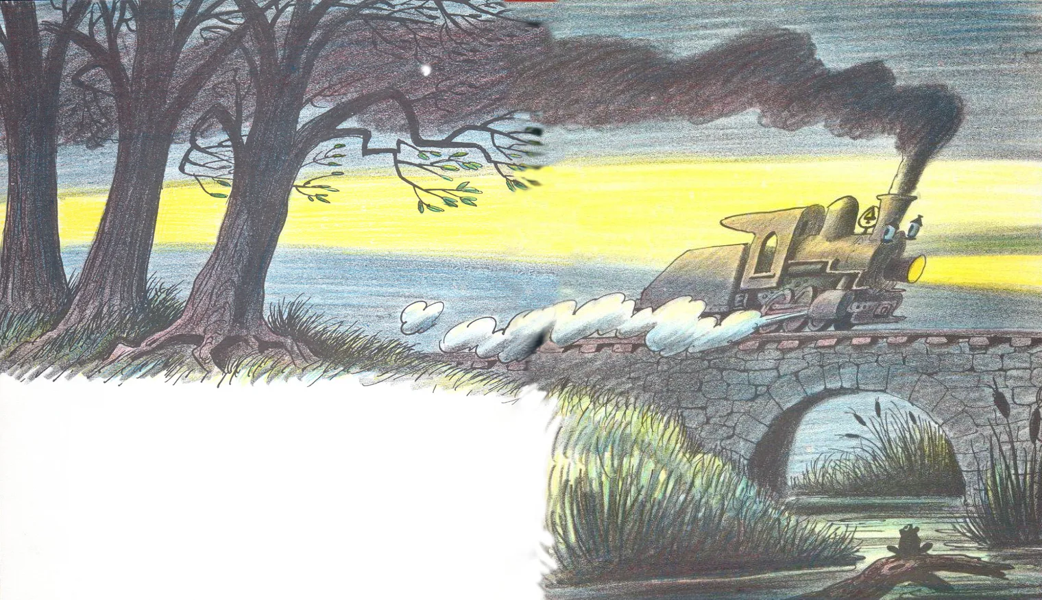 Smokey crosses a stone-arch bridge at dusk