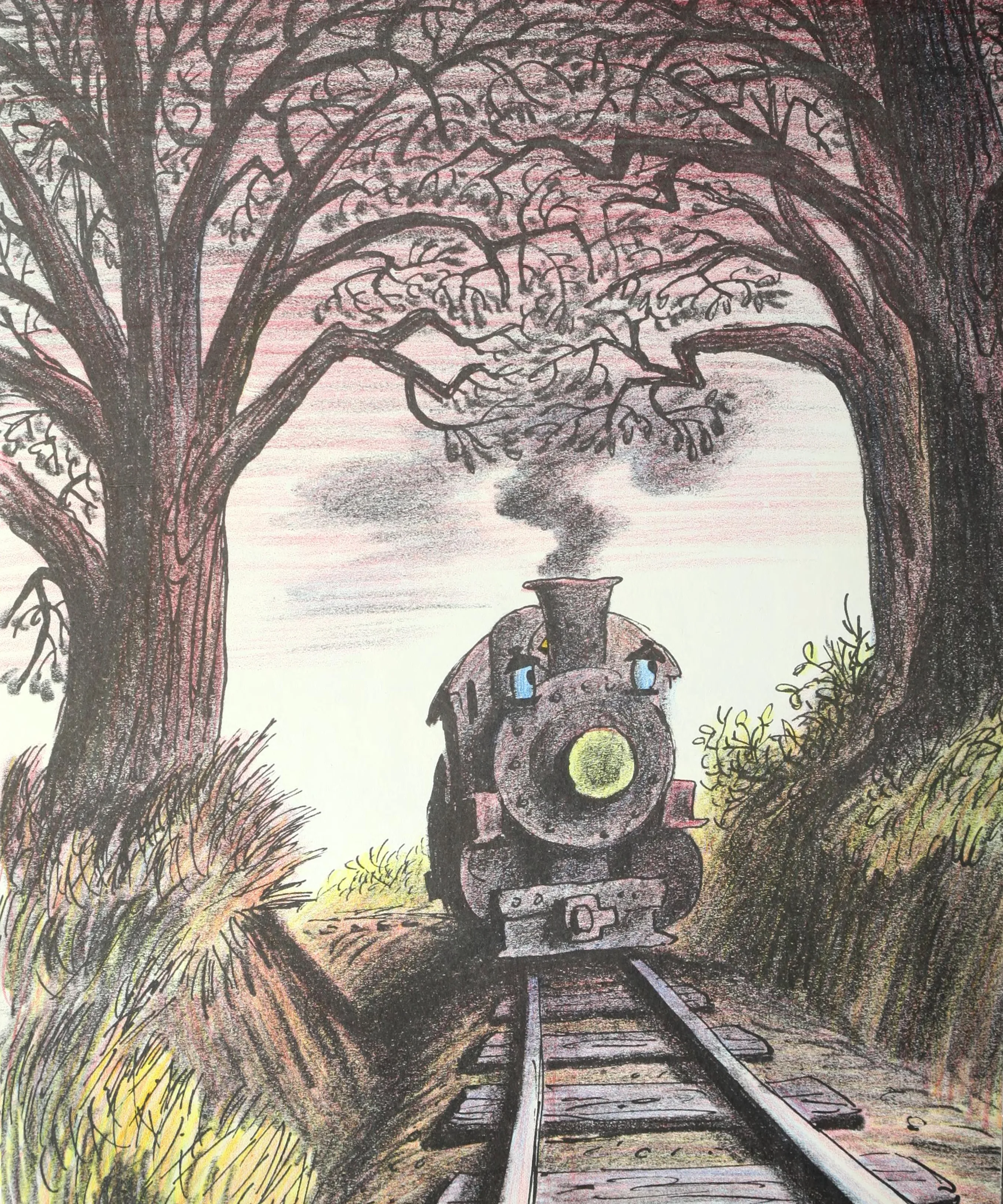 Smokey chugs down the tree-lined track at dusk