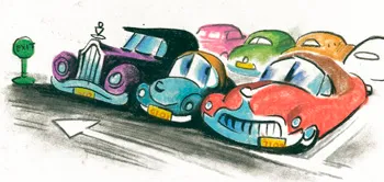 Susie in the used car lot, story sketch by Bill Peet, c.1951