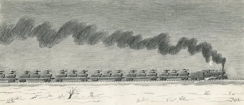 Bill Peet's autobiography illustration of a 1918 troop train