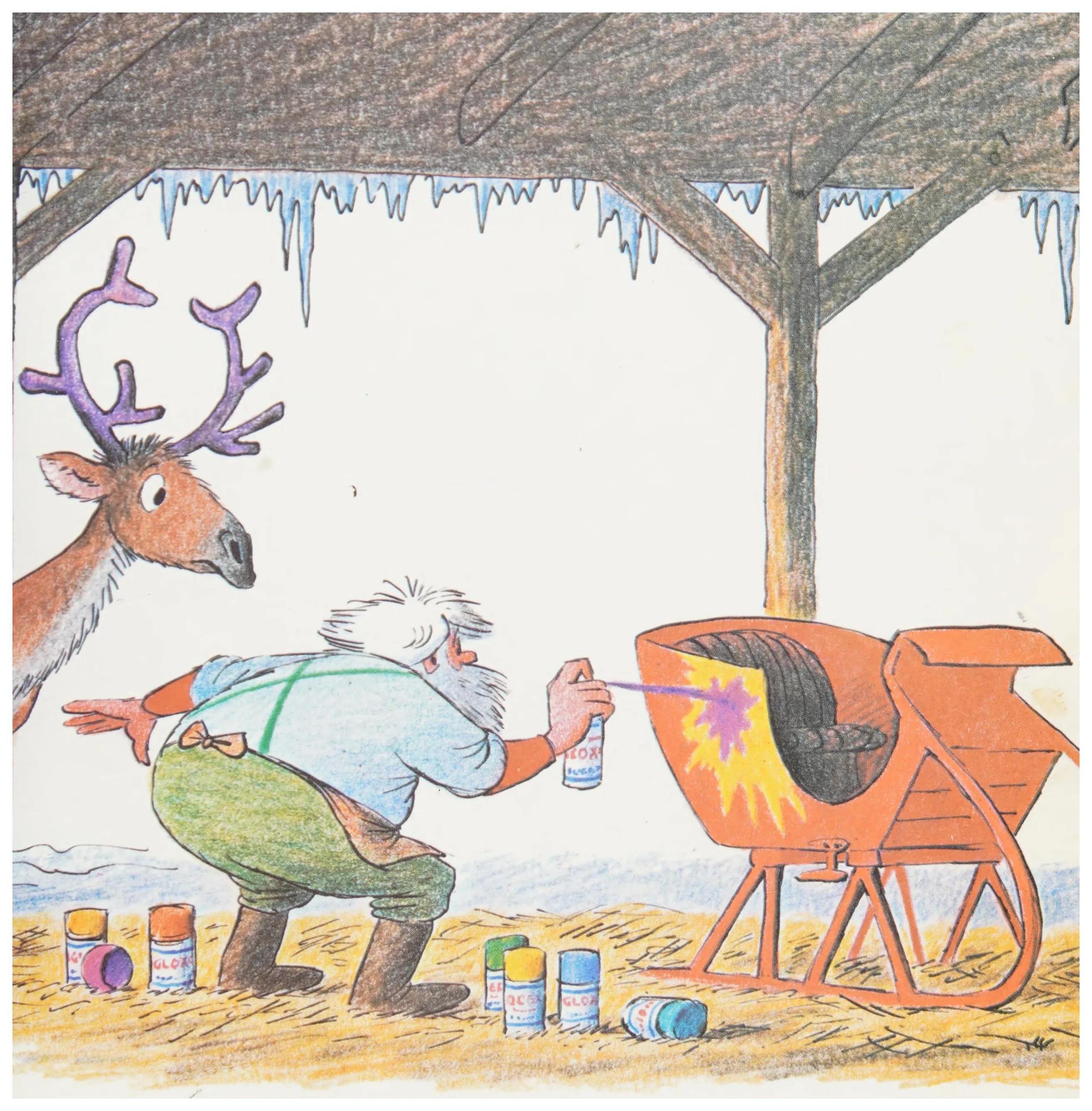 Painting the sleigh as the reindeer stare in amazement