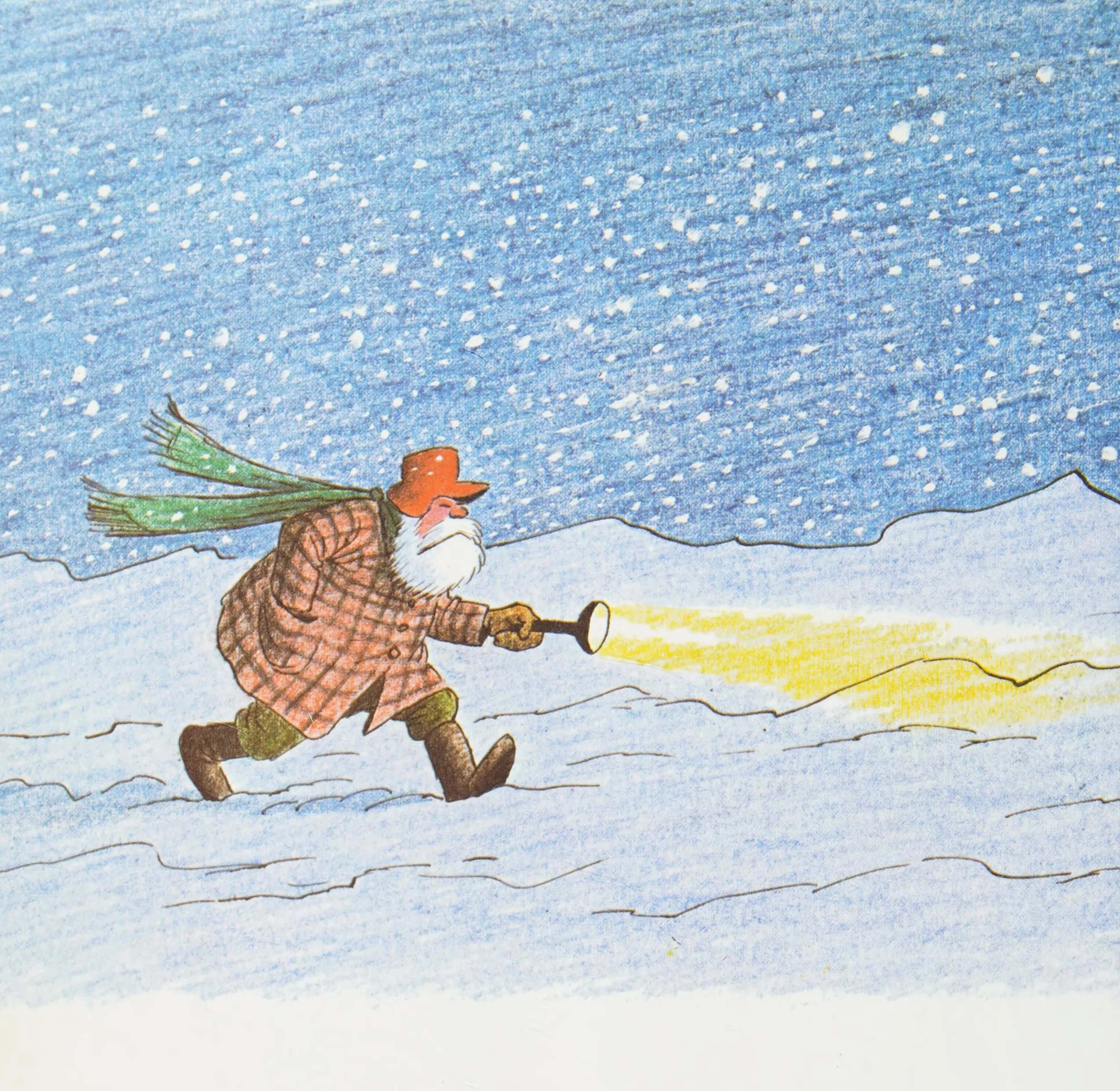 Old Ezra treks through the snowstorm by flashlight