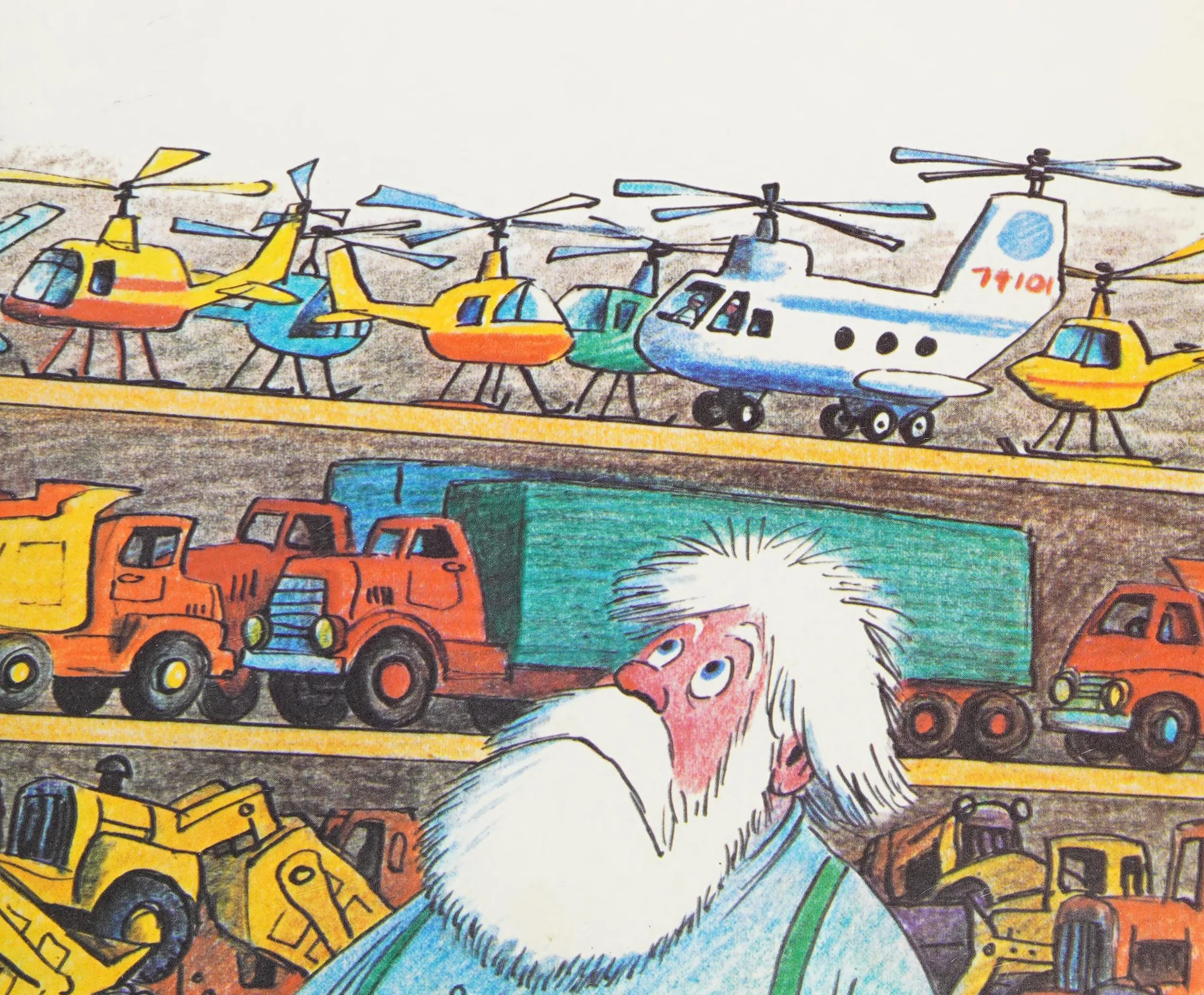 Old Ezra checks the shelves of trucks and helicopters