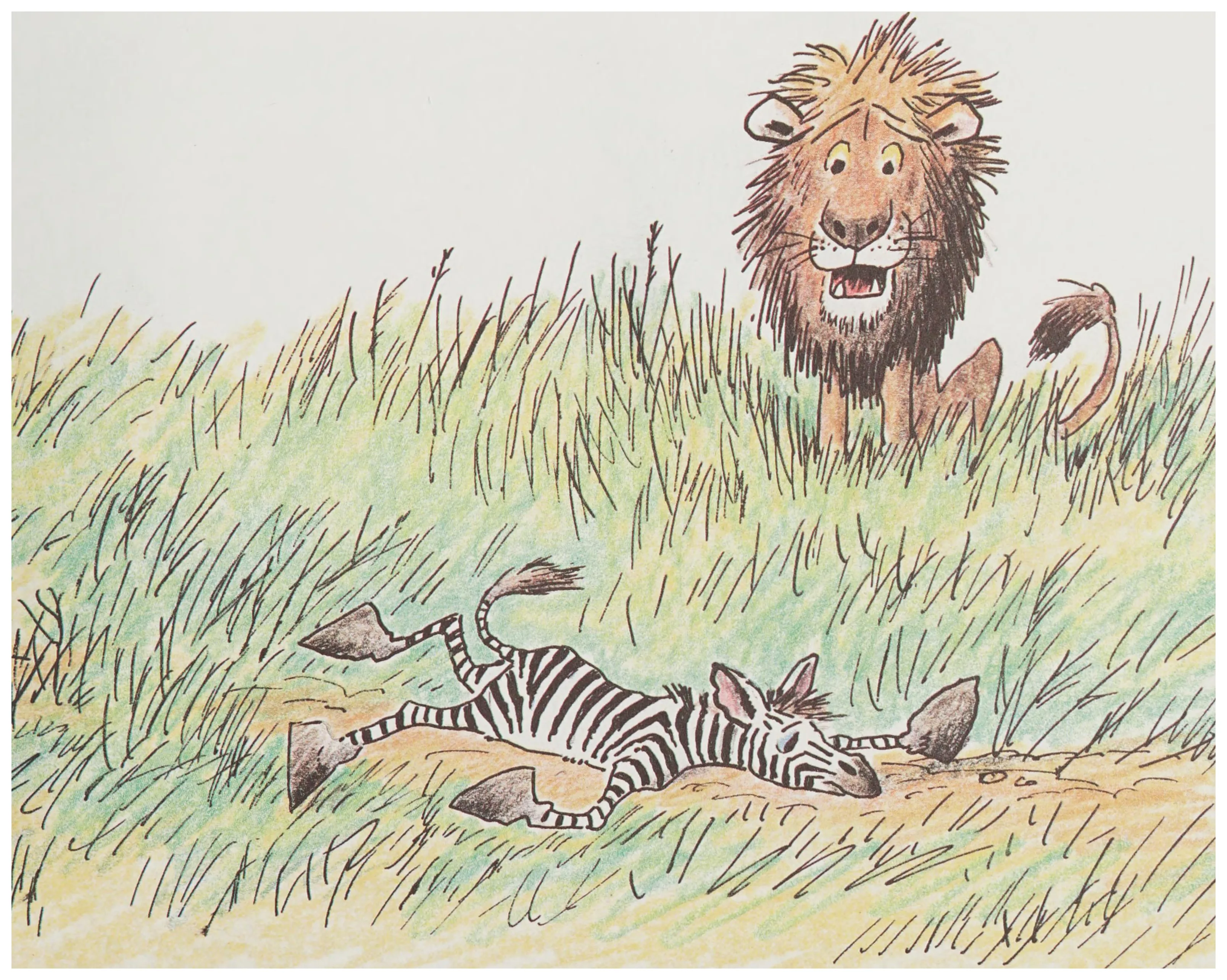 A lion springs from the grass as Zodiac flies to safety