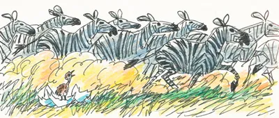An illustration of the ostrich Zella with the young zebra Zack, from Zella, Zack and Zodiac